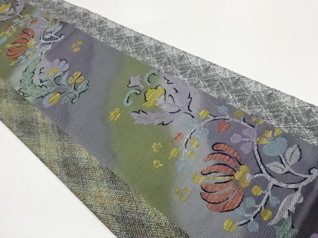 JAPANESE FUKURO OBI / WOVEN STRIPE & FLOWER ARABESQUE